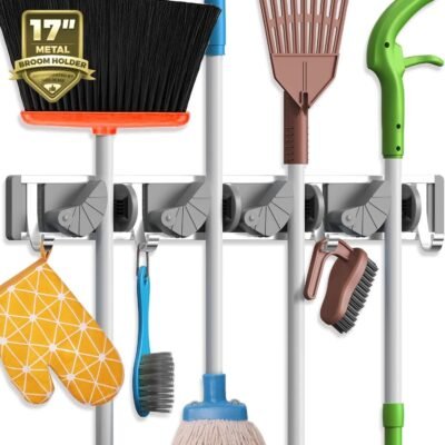 Mop Broom Holder Wall Mount Metal Pantry Organization and Storage Garden Kitchen Tool (4 Positions with 4 Hooks, Silver)