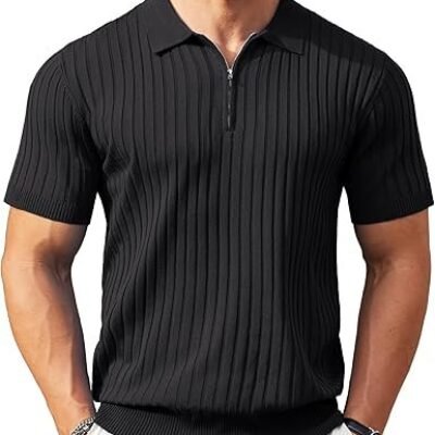 Men’s Zipper Small Polo Shirts Short Sleeve Ribbed Knit