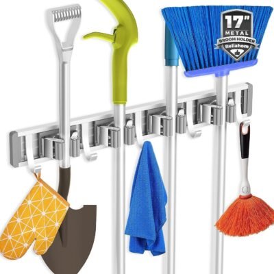 Broom Holder Mop Hanger Wall Mount Metal Organization (4 Racks with 5 Hooks, Silver)