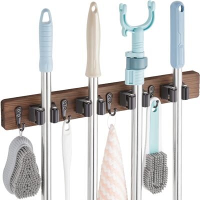 Wooden Wall-Mounted Broom and Mop Rack- 4 Slots & 4 Hooks